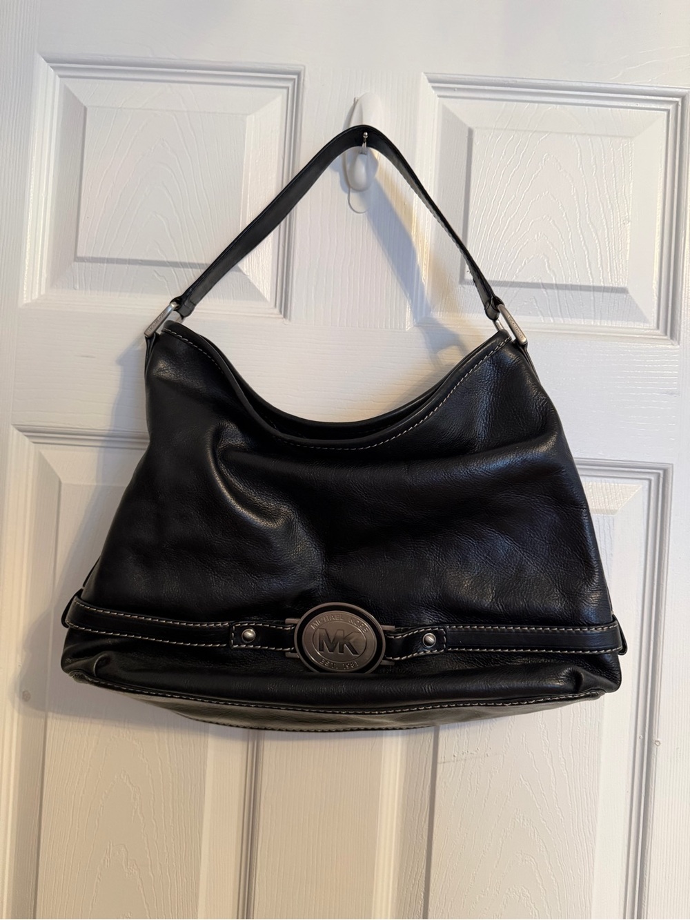 Michael Kors Black Leather Hobo Shoulder Bag with MK Medallion